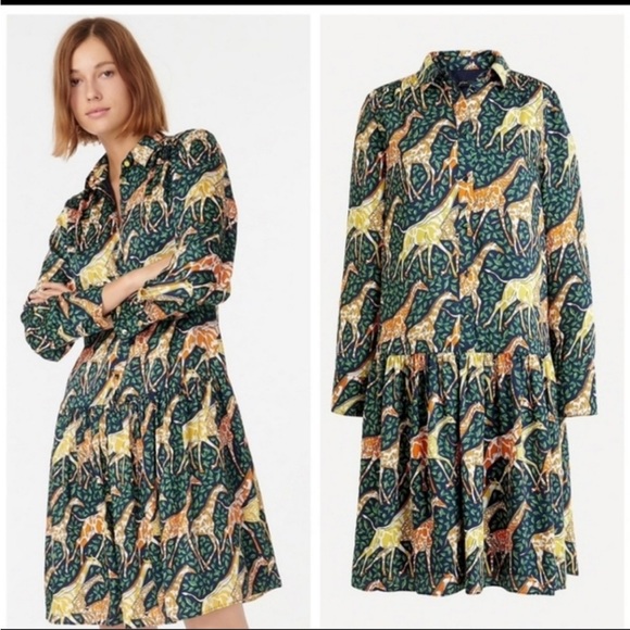 J. Crew Shirtdress in Giraffes Relaxed Fit Small Navy Blue Animal Print Boho Zoo - Picture 4 of 8